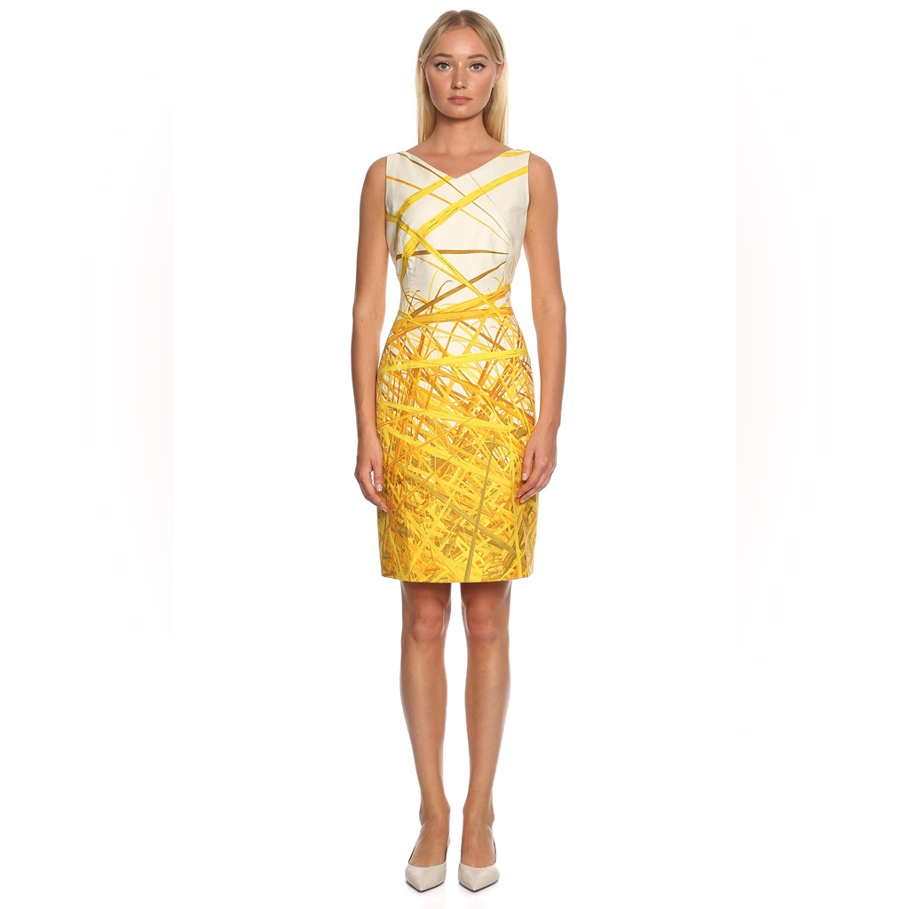 Akris Abstract White Yellow Sleeveless Sheath Shift Cocktail Dress Size 12